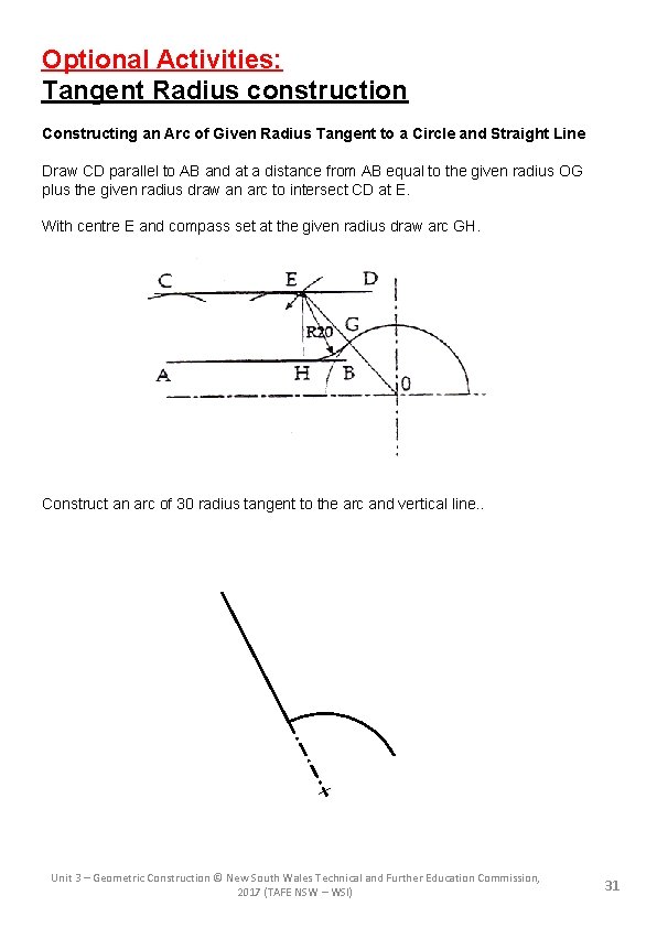 Optional Activities: Tangent Radius construction Constructing an Arc of Given Radius Tangent to a