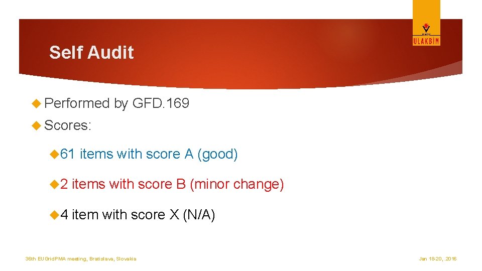 Self Audit Performed by GFD. 169 Scores: 61 items with score A (good) 2
