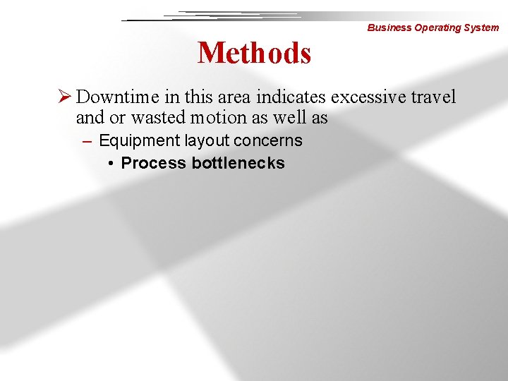 Business Operating System Methods Ø Downtime in this area indicates excessive travel and or