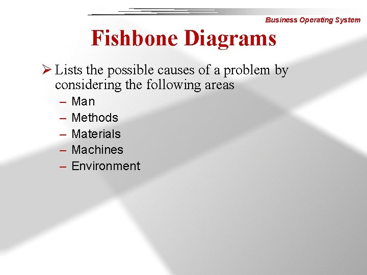 Business Operating System Fishbone Diagrams Ø Lists the possible causes of a problem by