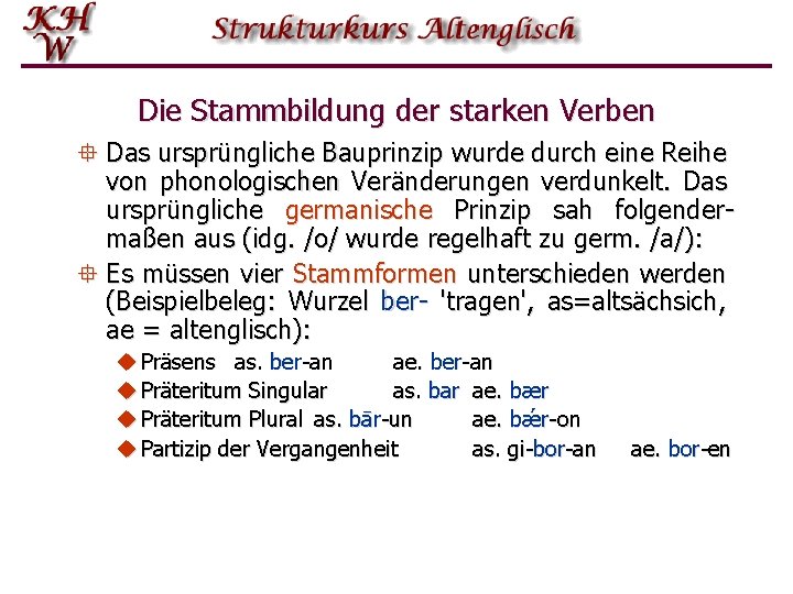 Die Stammbildung der starken Verben ° Das ursprüngliche Bauprinzip wurde durch eine Reihe von