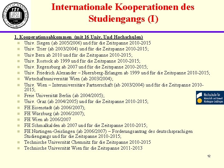 Internationale Kooperationen des Studiengangs (I) 1. Kooperationsabkommen (mit 16 Univ. Und Hochschulen) n Univ.