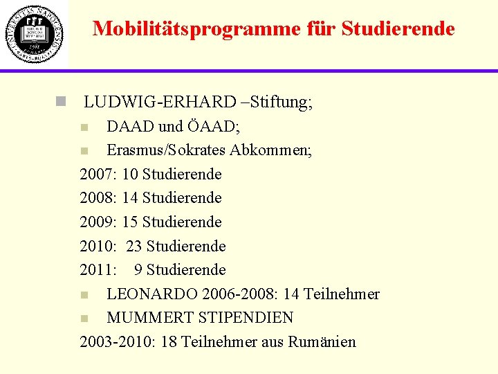 Mobilitätsprogramme für Studierende n LUDWIG-ERHARD –Stiftung; DAAD und ÖAAD; n Erasmus/Sokrates Abkommen; 2007: 10