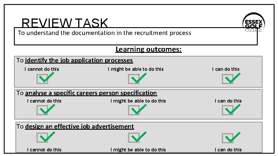 REVIEW TASK To understand the documentation in the recruitment process Learning outcomes: To identify