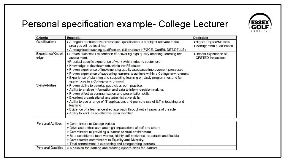 Personal specification example- College Lecturer 