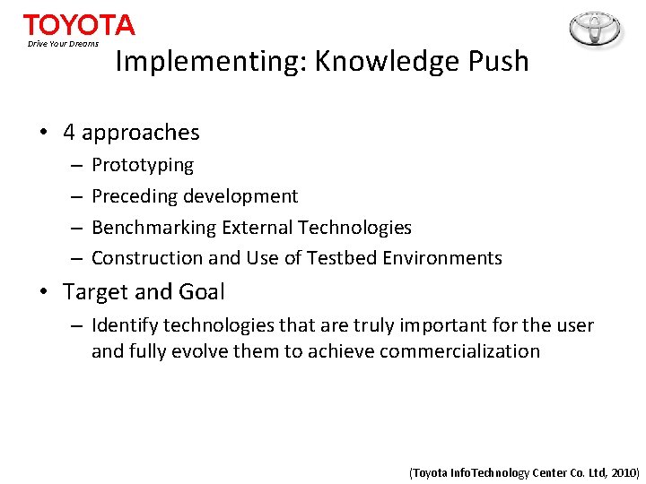 TOYOTA Drive Your Dreams Implementing: Knowledge Push • 4 approaches – – Prototyping Preceding