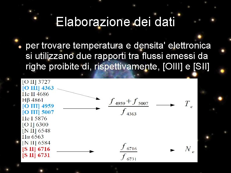 Elaborazione dei dati per trovare temperatura e densita' elettronica si utilizzano due rapporti tra