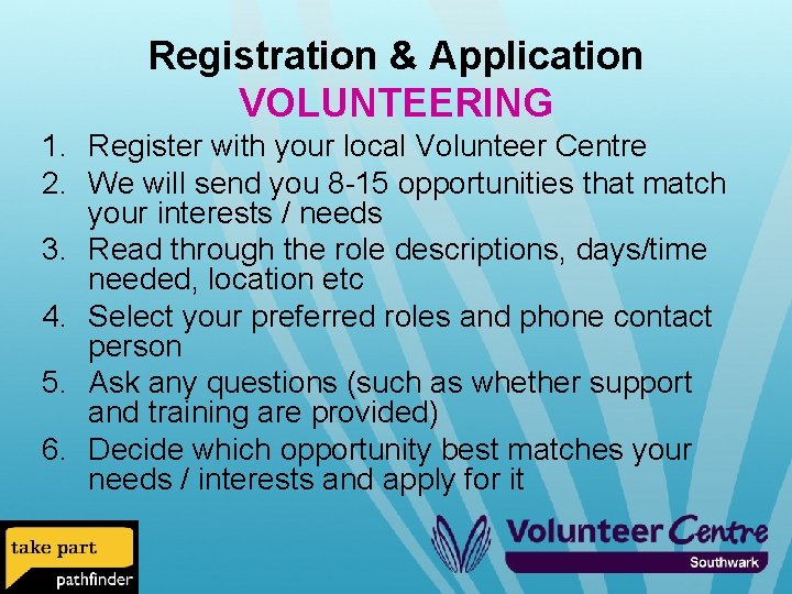 Registration & Application VOLUNTEERING 1. Register with your local Volunteer Centre 2. We will