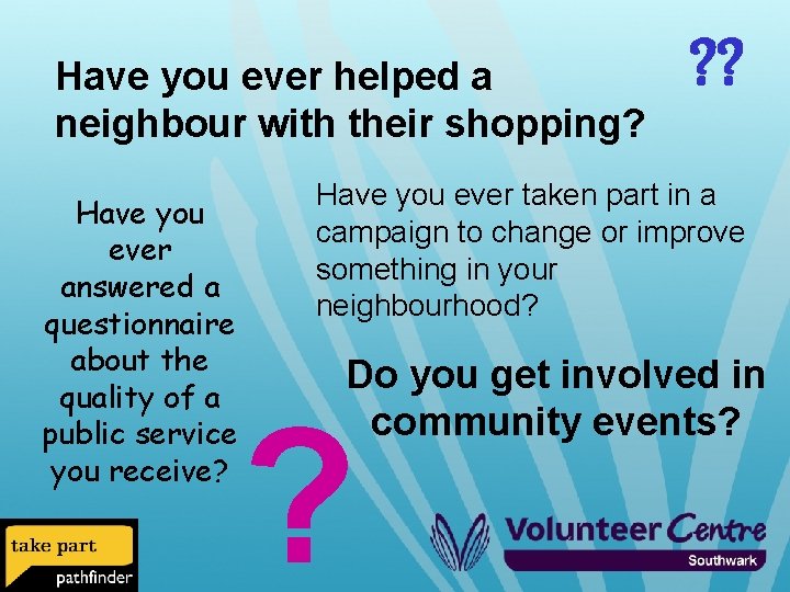 Have you ever helped a neighbour with their shopping? Have you ever answered a