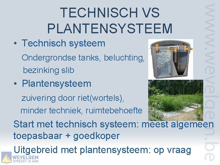 TECHNISCH VS PLANTENSYSTEEM • Technisch systeem Ondergrondse tanks, beluchting, bezinking slib • Plantensysteem zuivering