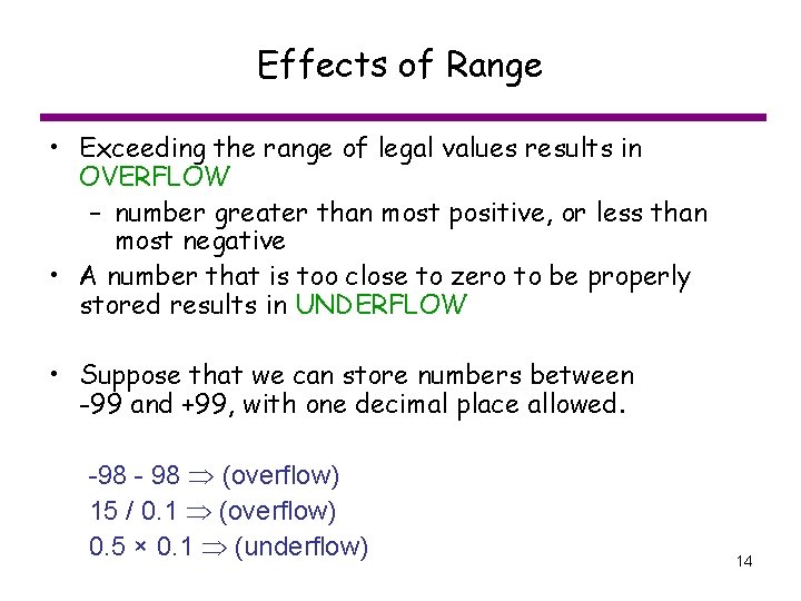 Effects of Range • Exceeding the range of legal values results in OVERFLOW –
