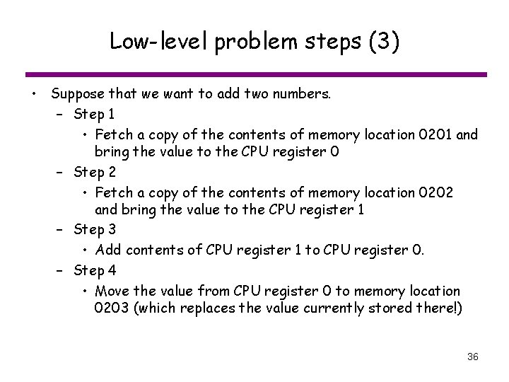 Low-level problem steps (3) • Suppose that we want to add two numbers. –