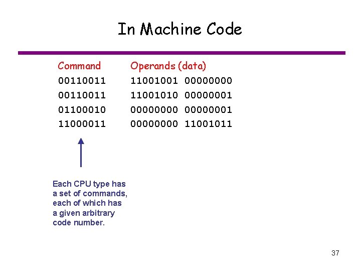 In Machine Code Command 00110011 01100010 11000011 Operands (data) 11001001 0000 11001010 00000001 00000000