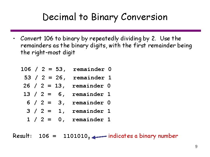 Decimal to Binary Conversion • Convert 106 to binary by repeatedly dividing by 2.