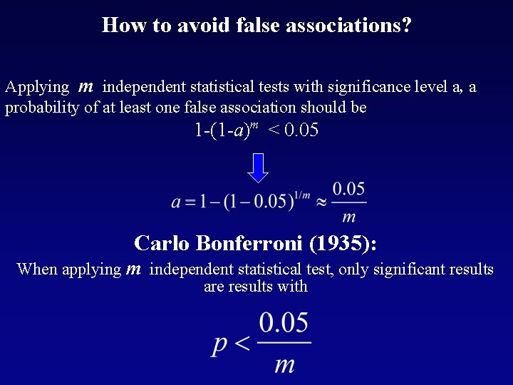 How to avoid false associations? Applying m independent statistical tests with significance level a,