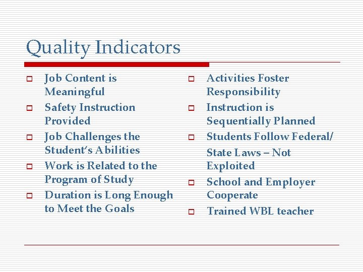 Quality Indicators o o o Job Content is Meaningful Safety Instruction Provided Job Challenges
