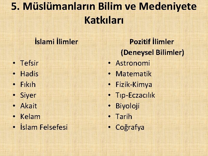 5. Müslümanların Bilim ve Medeniyete Katkıları İslami İlimler • • Tefsir Hadis Fıkıh Siyer