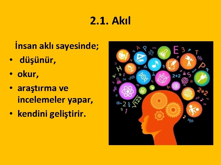 2. 1. Akıl İnsan aklı sayesinde; • düşünür, • okur, • araştırma ve incelemeler