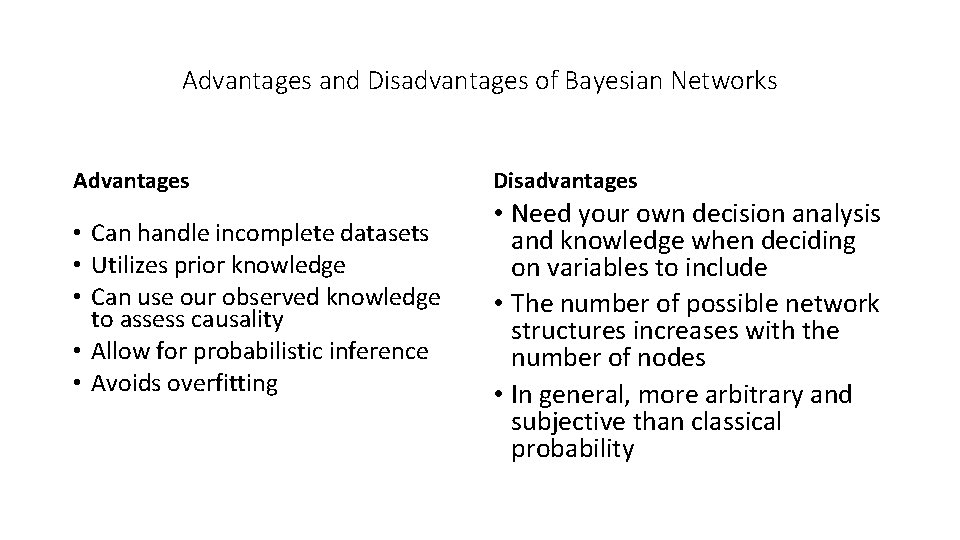 Advantages and Disadvantages of Bayesian Networks Advantages Disadvantages • Prognostic view of a BN