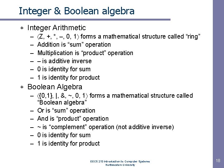 Integer & Boolean algebra Integer Arithmetic – – – Z, +, *, –, 0,