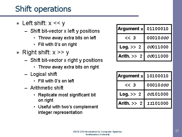Shift operations Left shift: x << y – Shift bit-vector x left y positions