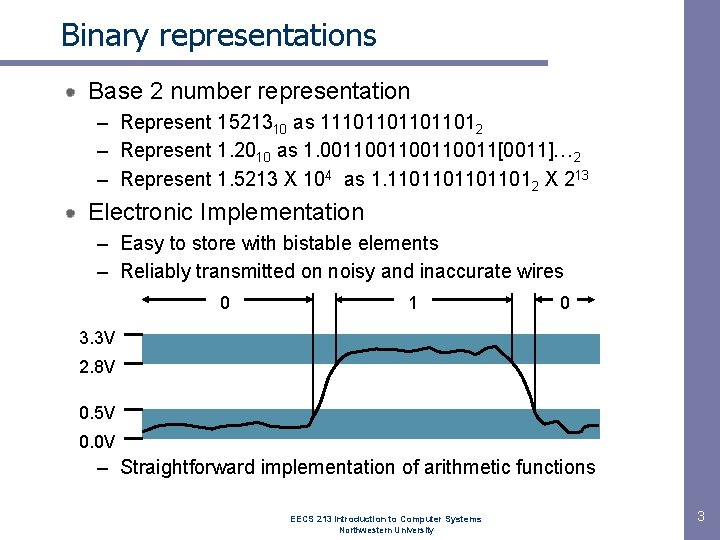 Binary representations Base 2 number representation – Represent 1521310 as 111011012 – Represent 1.