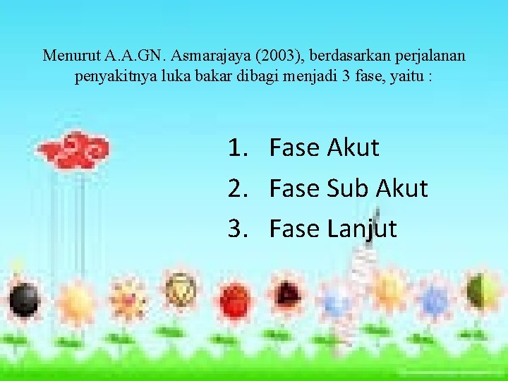 Menurut A. A. GN. Asmarajaya (2003), berdasarkan perjalanan penyakitnya luka bakar dibagi menjadi 3