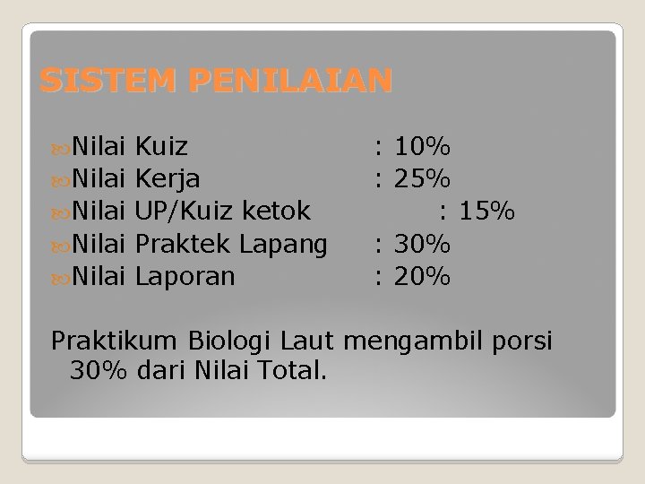 SISTEM PENILAIAN Nilai Nilai Kuiz Kerja UP/Kuiz ketok Praktek Lapang Laporan : 10% :