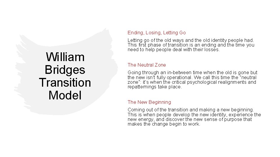 Ending, Losing, Letting Go William Bridges Transition Model Letting go of the old ways
