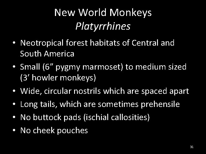 New World Monkeys Platyrrhines • Neotropical forest habitats of Central and South America •