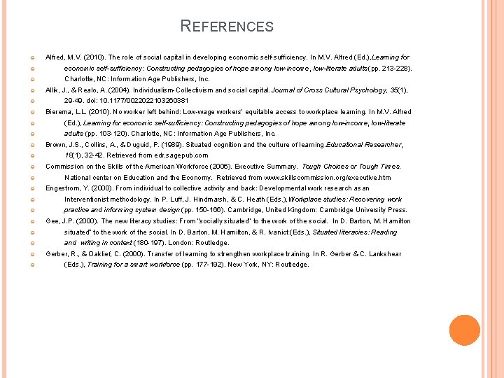 REFERENCES Alfred, M. V. (2010). The role of social capital in developing economic self-sufficiency.