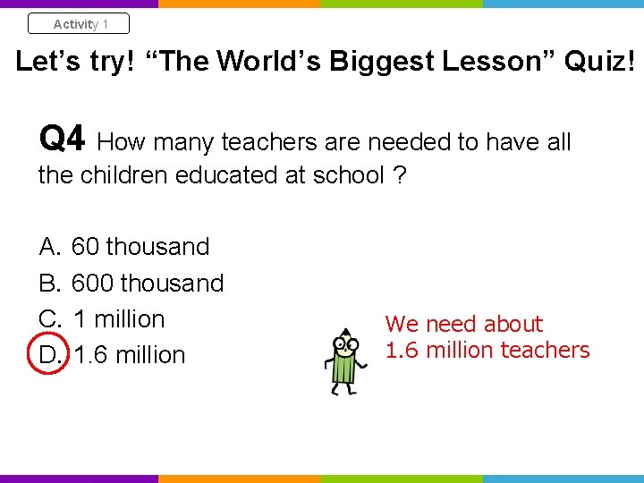 Activity 1 Let’s try! “The World’s Biggest Lesson” Quiz! Q 4 How many teachers