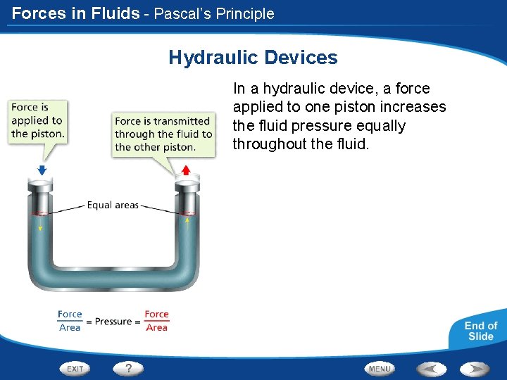 Forces in Fluids - Pascal’s Principle Hydraulic Devices In a hydraulic device, a force