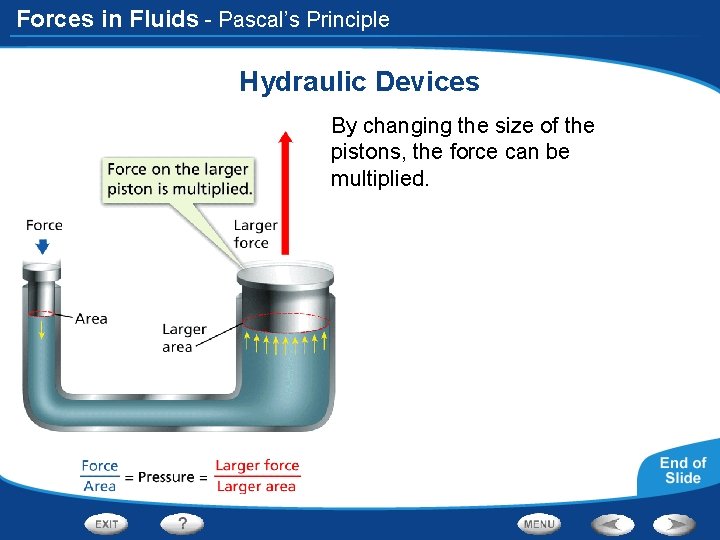 Forces in Fluids - Pascal’s Principle Hydraulic Devices By changing the size of the