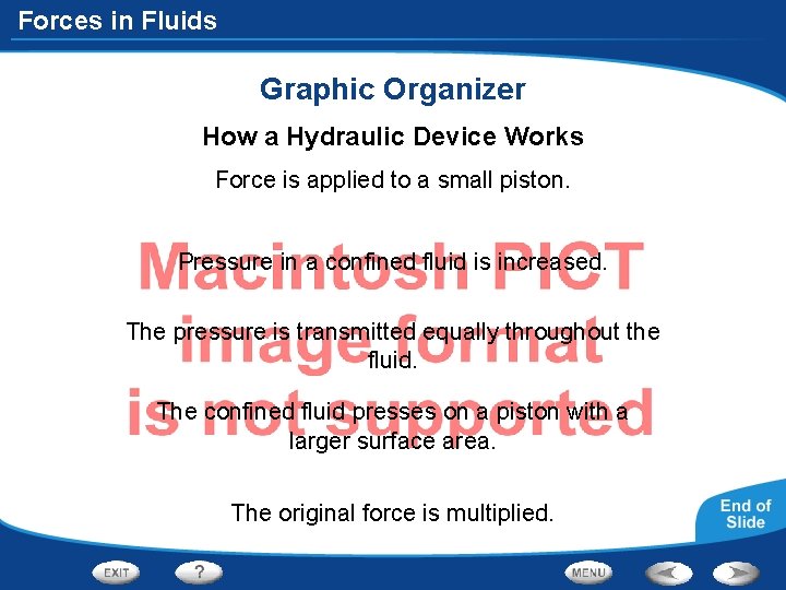 Forces in Fluids Graphic Organizer How a Hydraulic Device Works Force is applied to