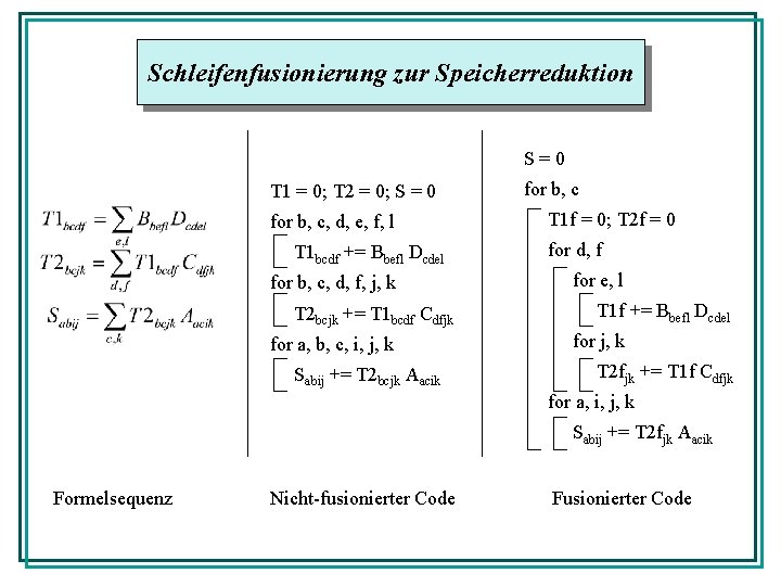 Schleifenfusionierung zur Speicherreduktion S=0 T 1 = 0; T 2 = 0; S =