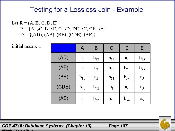 Testing for a Lossless Join - Example Let R = (A, B, C, D,