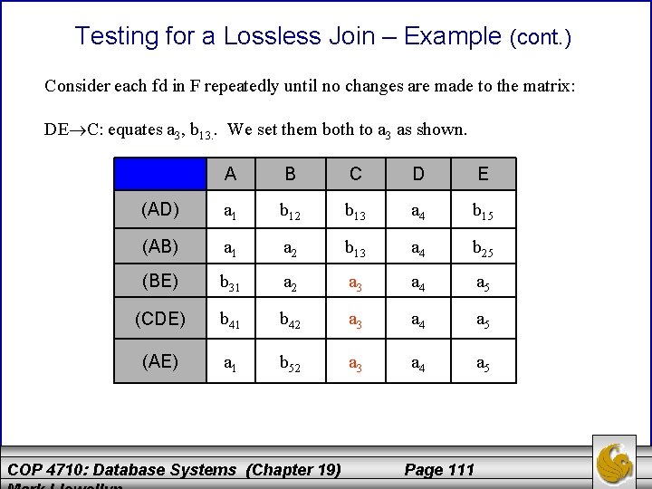Testing for a Lossless Join – Example (cont. ) Consider each fd in F