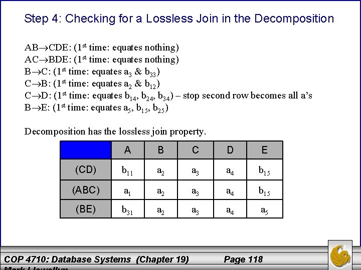 Step 4: Checking for a Lossless Join in the Decomposition AB CDE: (1 st