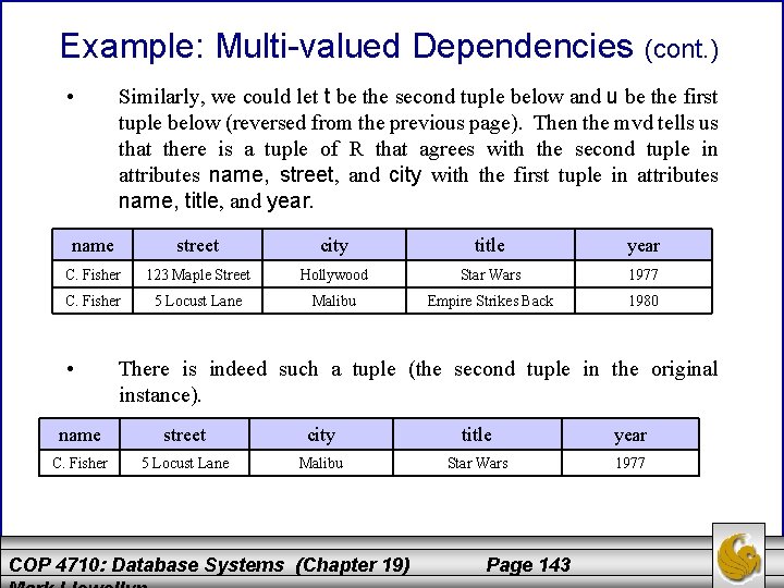 Example: Multi-valued Dependencies (cont. ) • Similarly, we could let t be the second