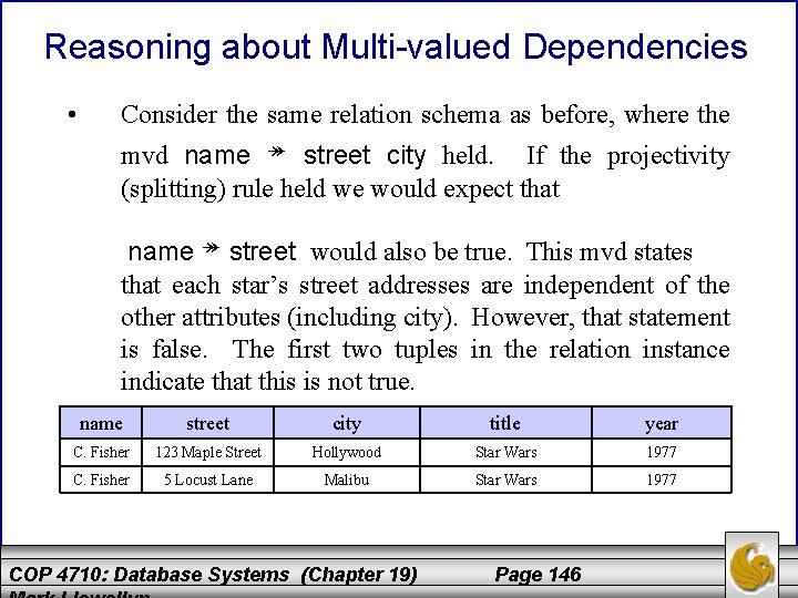 Reasoning about Multi-valued Dependencies • Consider the same relation schema as before, where the