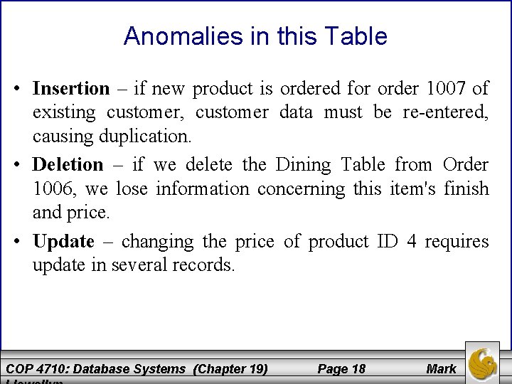Anomalies in this Table • Insertion – if new product is ordered for order