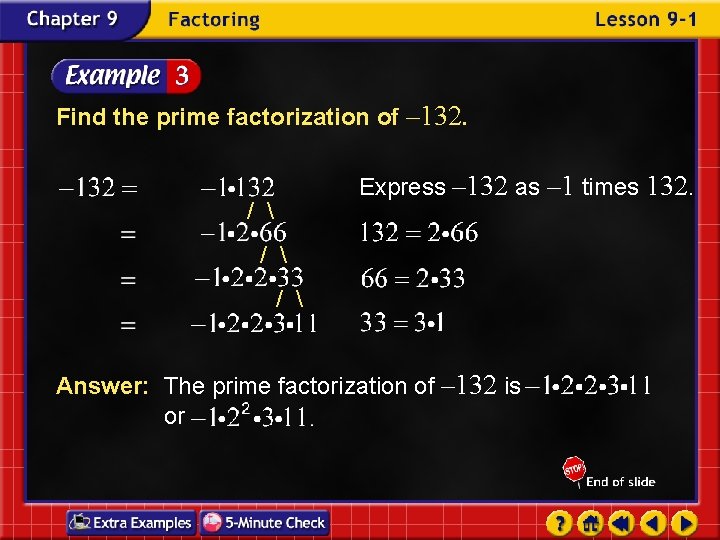 Find the prime factorization of – 132. Express – 132 as – 1 times