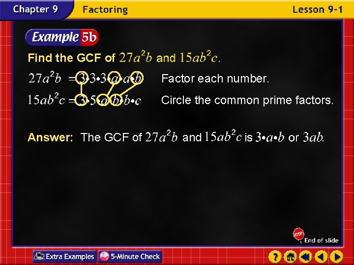 . Find the GCF of Factor each number. Circle the common prime factors. Answer: