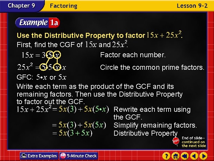 Use the Distributive Property to factor First, find the CGF of 15 x and.
