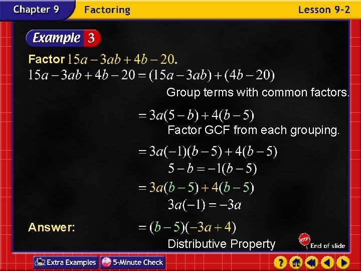 Factor Group terms with common factors. Factor GCF from each grouping. Answer: Distributive Property