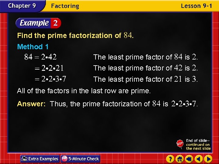 Find the prime factorization of 84. Method 1 The least prime factor of 84