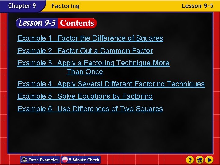 Example 1 Factor the Difference of Squares Example 2 Factor Out a Common Factor