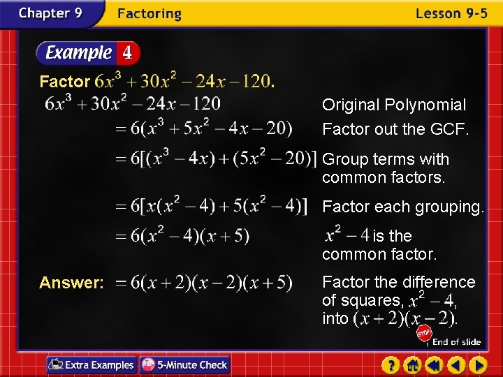 Factor Original Polynomial Factor out the GCF. Group terms with common factors. Factor each