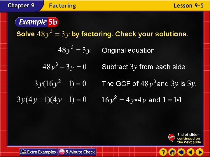 Solve by factoring. Check your solutions. Original equation Subtract 3 y from each side.